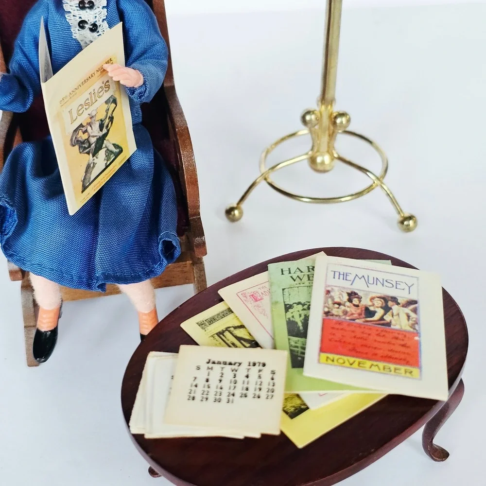 Vtg Dollhouse Furniture Set Table Coat Rack Magazines 1979 Calendar Victorian